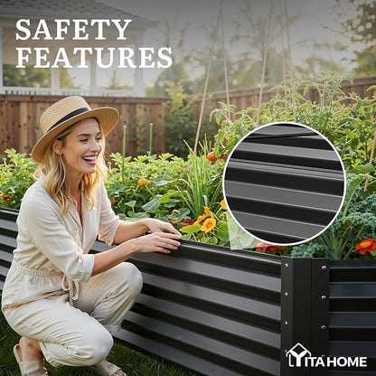 YITAHOME 2pcs 8x4x1.5 ft Galvanized Raised Garden Bed Kit, Large Metal Planter Box with Gloves, Safety Rubber & Support Rod, Outdoor Flower Bed for Plants Vegetables, Black