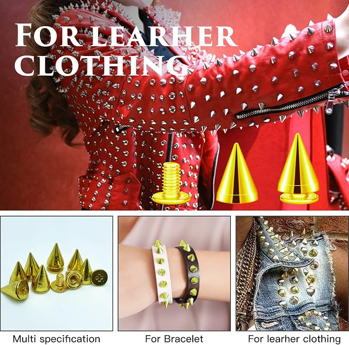 200 Sets 9.5mm Cone Spikes Metal Tree Spikes Screwback Studs for DIY Leathercraft Decoration Punk Rock Style Clothing Accessories (Gold)