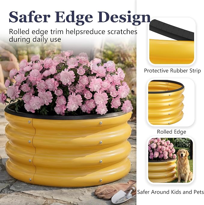 2 x 2 x 1 ft Round Raised Garden Bed, Yellow 2 Pack 0.6 mm Thick Galvanized Steel Planter Box with Double Layer Paint and Safety Edge Trim for Vegetables Flowers Herbs Outdoor Garden