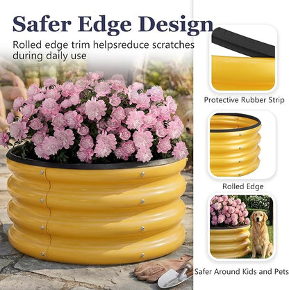 2 x 2 x 1 ft Round Raised Garden Bed, Yellow 3 Pack 0.6 mm Thick Galvanized Steel Planter Box with Double Layer Paint and Safety Edge Trim for Vegetables Flowers Herbs Outdoor Garden