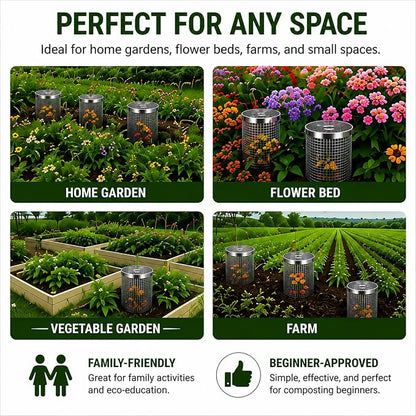 4PCS Inground Worm Composting Bin Turn Food Waste into Nutrient-Rich Soil Increase Soil Fertility Stainless Steel Composting Bin with Holes and Lid for Outdoor Garden Vegetable Patch Backyard