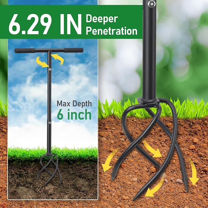 BeBecome Hand Tiller for Gardening, Manual Garden Claw Cultivator with 4 Sharp Curved Steel Tines, Twist Tiller Soil Loosener, Rotary Handheld Tiller for Yard Lawn Weeding