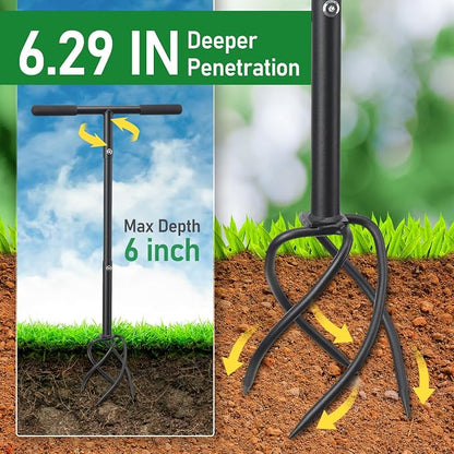 BeBecome Hand Tiller for Gardening, Manual Garden Claw Cultivator with 4 Sharp Curved Steel Tines, Twist Tiller Soil Loosener, Rotary Handheld Tiller for Yard Lawn Weeding