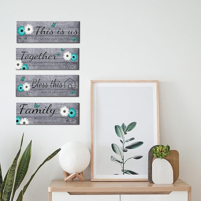 Joyhawk 4 Pcs Farmhouse Wall Decor with Teal Butterflies & Daisies, Rustic Wooden Signs Set (This is Us, Together, Family, Bless This Home), Grey Floral Wall Art for Living Room Bedroom, Housewarming Gift, 4.7" x 13.8"