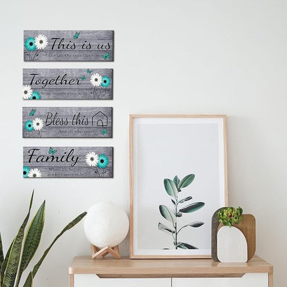 Joyhawk 4 Pcs Farmhouse Wall Decor with Teal Butterflies & Daisies, Rustic Wooden Signs Set (This is Us, Together, Family, Bless This Home), Grey Floral Wall Art for Living Room Bedroom, Housewarming Gift, 4.7" x 13.8"