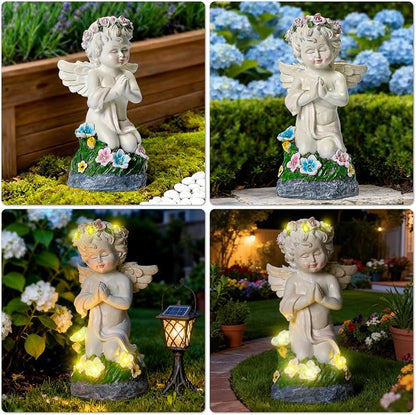 Solar Powered Angel Statue for Garden, Outdoor Spiritual Decorations for Patio Lawn Cemetery, Illuminated Seraphim Figurine with Warm Light, Gift for Women Religious Faith Ornament, Rustproof Resin