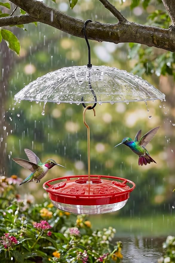FEED GARDEN Hummingbird Feeder with Rainproof Dome, 16oz Nectar Feeder 11.8" Rain Guard Weatherproof Ant Moat Easy Fill & Clean Hanging Leak-Proof BPA-Free