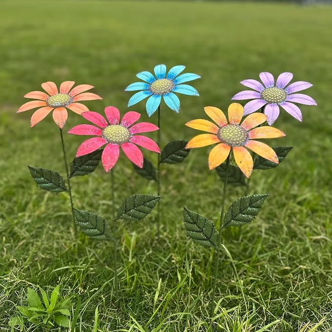 HUTHDAK Metal Flowers for Outside,5 Pack 16.15" Decorative Garden Stakes with Swaying Flowers Head Yard Art,Spring Garden Decor for Lawn, Pathway & Yard