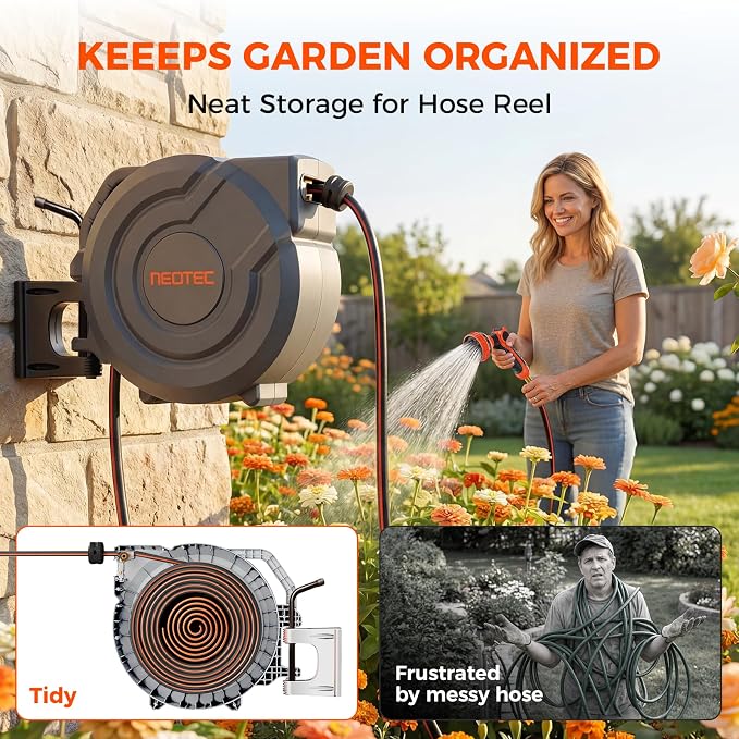 Upgraded Retractable Garden Hose Reel 1/2 inch x 155 ft Metal Bracket Wall-Mounted 9 Pattern Nozzle Any Length Lock Automatic Slow Return 180° Swivel UV Resistant Heavy Duty Hose Reels for Outside