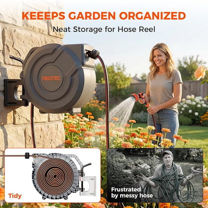 Upgraded Retractable Garden Hose Reel 1/2 inch x 155 ft Metal Bracket Wall-Mounted 9 Pattern Nozzle Any Length Lock Automatic Slow Return 180° Swivel UV Resistant Heavy Duty Hose Reels for Outside