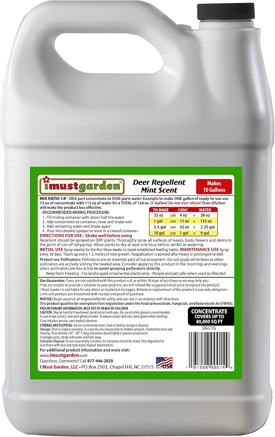 I Must Garden Deer Repellent Concentrate – 1 Gallon: Mint Scent Deer Spray for Plants – Natural Ingredients - Makes 10 Gallons, Covers 40,000 sq. ft.