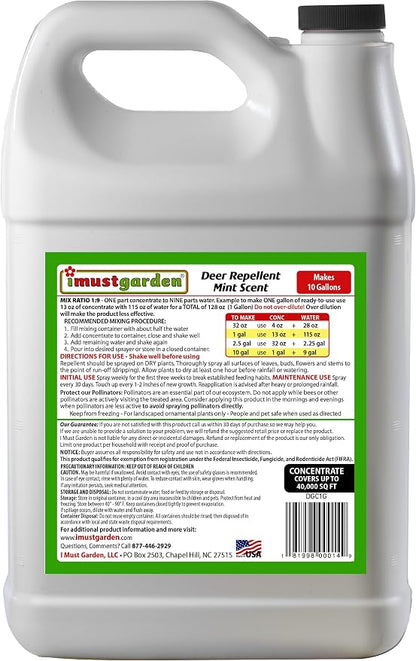 I Must Garden Deer Repellent Concentrate – 1 Gallon: Mint Scent Deer Spray for Plants – Natural Ingredients - Makes 10 Gallons, Covers 40,000 sq. ft.