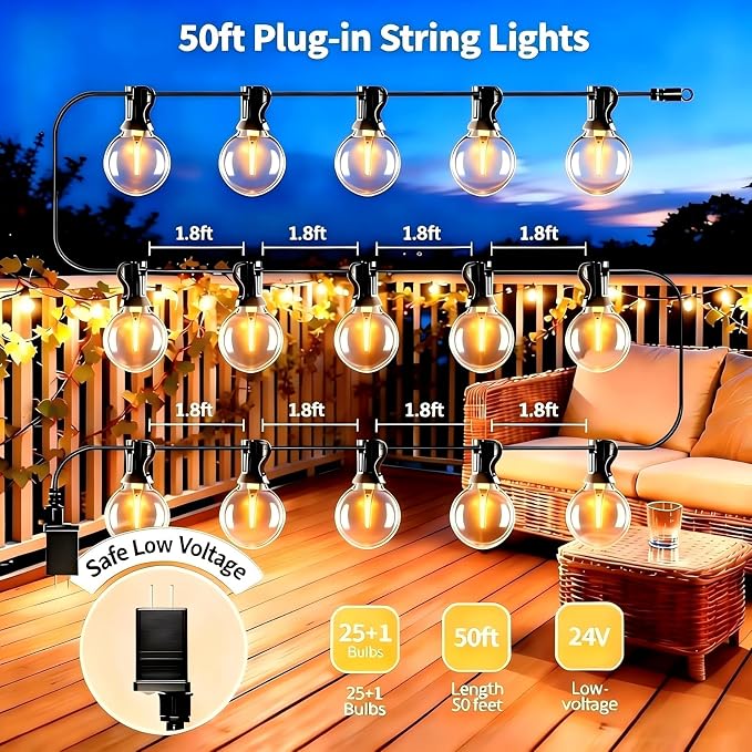 SANBEN Outdoor String Lights with Remote, 50ft 25 Bulbs Low Voltage(24V) Patio Lights, Dimmable & Timer, IP65 Waterproof, G40 LED Hanging Lights for Outside, Deck, Garden, Backyard, Porch, Party