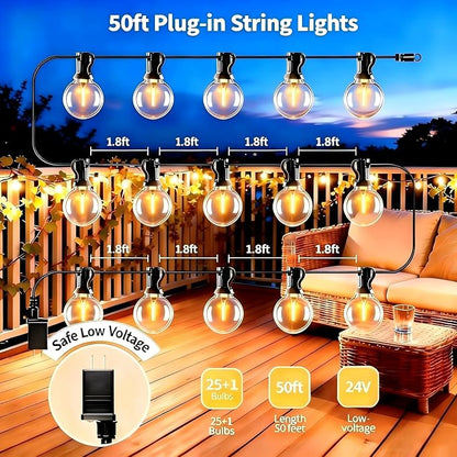 SANBEN Outdoor String Lights with Remote, 50ft 25 Bulbs Low Voltage(24V) Patio Lights, Dimmable & Timer, IP65 Waterproof, G40 LED Hanging Lights for Outside, Deck, Garden, Backyard, Porch, Party
