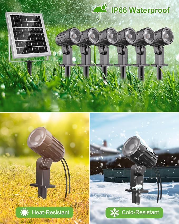 CLY 6 in 1 Solar Spot Lights Outdoor Solar Landscape Lights 2700K WarmWhite | IP66 Waterproof 59.06ft Cable Auto On/Off Garden Floodlight for Yard Lawn Tree Statue Pathway Decoration