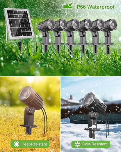 CLY 6 in 1 Solar Spot Lights Outdoor Solar Landscape Lights 2700K WarmWhite | IP66 Waterproof 59.06ft Cable Auto On/Off Garden Floodlight for Yard Lawn Tree Statue Pathway Decoration