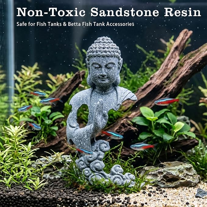 LIYAOLI Sandstone Buddha Statue for Fish Tank Decorations, Aquarium Decor with Auspicious Cloud, Betta Fish Tank Accessories, Zen Monk Sculpture for Home Office Feng Shui, Good Luck Wealth