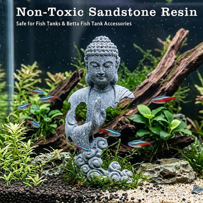 LIYAOLI Sandstone Buddha Statue for Fish Tank Decorations, Aquarium Decor with Auspicious Cloud, Betta Fish Tank Accessories, Zen Monk Sculpture for Home Office Feng Shui, Good Luck Wealth