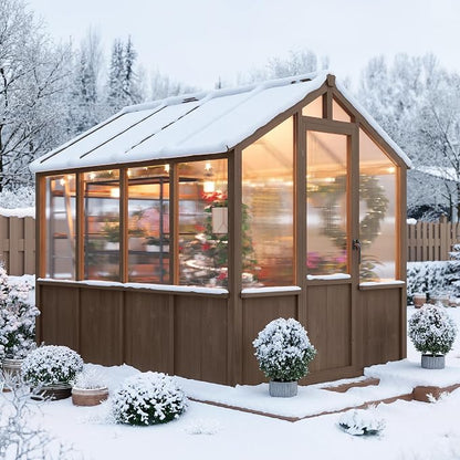 Garvee 6x8 FT Wooden Greenhouse - Walk-in Greenhouses for Outdoors, Large Spruce Frame Green House with PC Panels, Adjustable Roof Vents & Lockable Door, Green Houses for Garden,Backyard,Patio,Lawn
