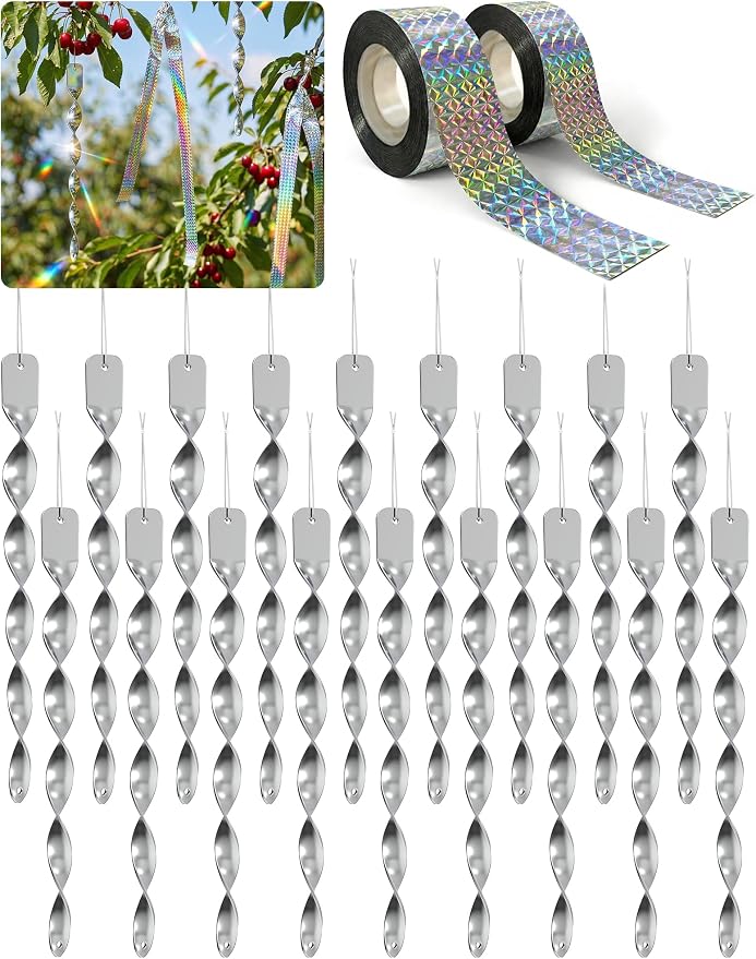 NiHome 20-Pack Spiral Bird Deterrents for Outside, Reflective Rods and Rolls to Safeguard Gardens - 18 PCS Rods & 2 Rolls (262 FT) of Non-Toxic, Waterproof Bird Control Kit