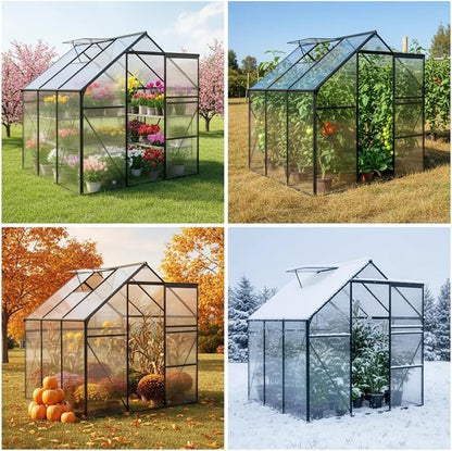 6x6 FT Greenhouse, Walk-in Polycarbonate Greenhouses with Sliding Doors, Aluminum Frame, Adjustable Roof Vent, Raised Base & Anchor, Outdoor Backyard Greenhouse for All Seasons, Black