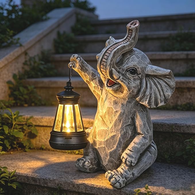 Garden Statues Elephant Solar Figurine Decor Outdoor Waterproof Lights, Yard Decorations, Garden Decor Unique Birthday Housewarming Gifts for Mom (Elephant 2)