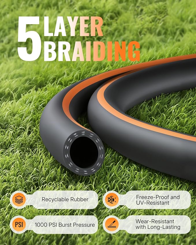 Heavy Duty Rubber Garden Hose 50FT x 3/4", Flexible Water Hose with 360° Swivel Brass Fittings, 300 PSI Working, 1000 PSI Burst, 5-Layer Reinforce, All Weather Outdoor Hose, BG50GH406