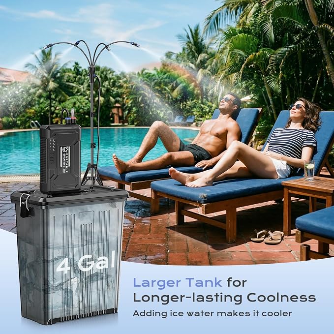 Portable 4 Gallon Misting System with 15000mAh Rechargeable Pump, Stand, 33FT Hose – Powerful Outdoor Water Bucket Misters for Outside Patio Cooling, Backyard, Canopy, Sports, Greenhouse, Camping