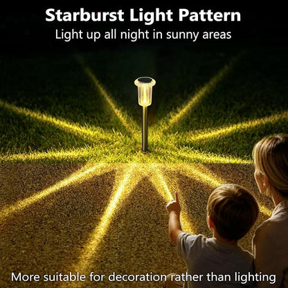 DenicMic Solar Garden Lights Outdoor Waterproof Warm White LED 15 Pack | Yard Garden Driveway Walkway Landscape Path Lights, Starburst Pattern, Acrylic Diamond-like Lampshade Stainless Steel Pole