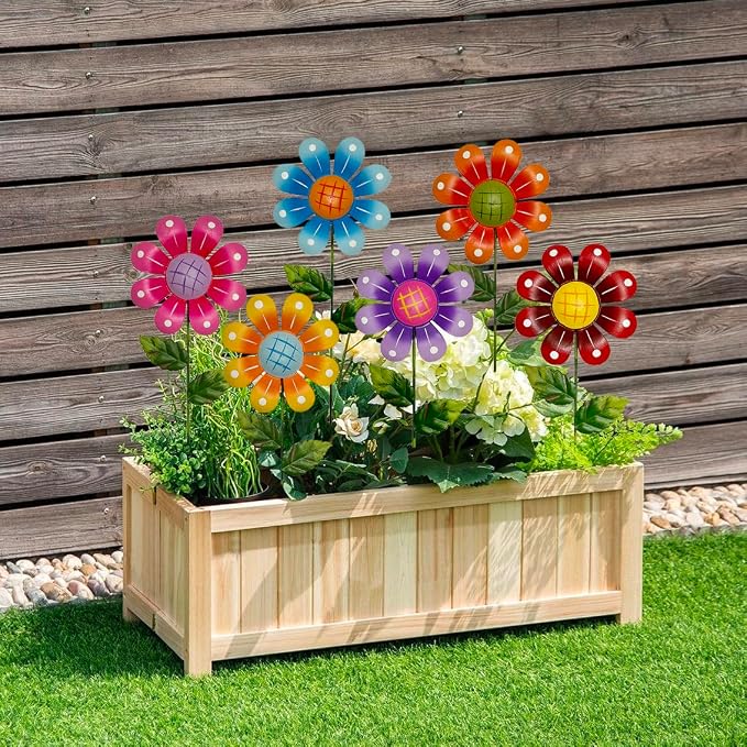 Metal Garden Flower Stakes, 16.5 Inch Decorative Outdoor Stakes with Colorful Flower Heads, 6 Pack Garden Yard Art Decor