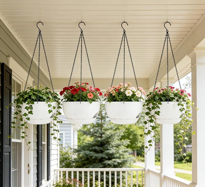 Set of 2-8 Inch Self Watering Hanging Planters for Indoor Outdoor，Hanging Plant Pots with Drainage & Removable Tray, Hanging Pots Holder for Ivy, Pothos, Ferns, Balcony & Patio, White
