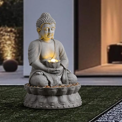 Buddha Water Fountain Outdoor, Zen Fountain with LED Light for Garden, Home Decor, Relaxing Buddha Statue with Lotus Base, for Women