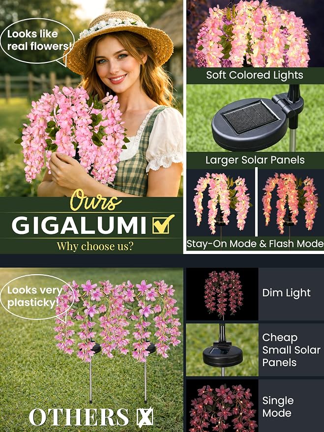 GIGALUMI Solar Lights Outdoor for Garden Decor, 2 Pack Solar Flower Lights Waterproof, 2 Lighting Modes Wisteria for Pathway,Yard, Patio Decoration, Gardening Gifts for Women (Pink)