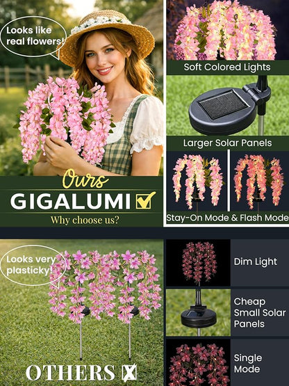 GIGALUMI Solar Lights Outdoor for Garden Decor, 3 Pack Solar Flower Lights Waterproof, 2 Lighting Modes Wisteria for Pathway,Yard, Patio Decoration, Gardening Gifts for Women (Pink)