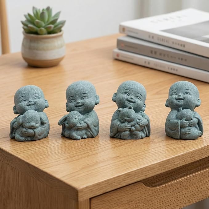 4pcs Mini Buddha Statue with Animal Companion, Aquarium Decor, Feng Shui Zen Monk Sandstone Sculpture, Cute Small Fish Tank Ornament for Home Garden, Buddha Decoration