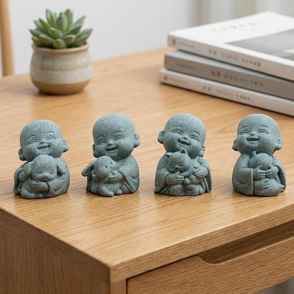 4pcs Mini Buddha Statue with Animal Companion, Aquarium Decor, Feng Shui Zen Monk Sandstone Sculpture, Cute Small Fish Tank Ornament for Home Garden, Buddha Decoration
