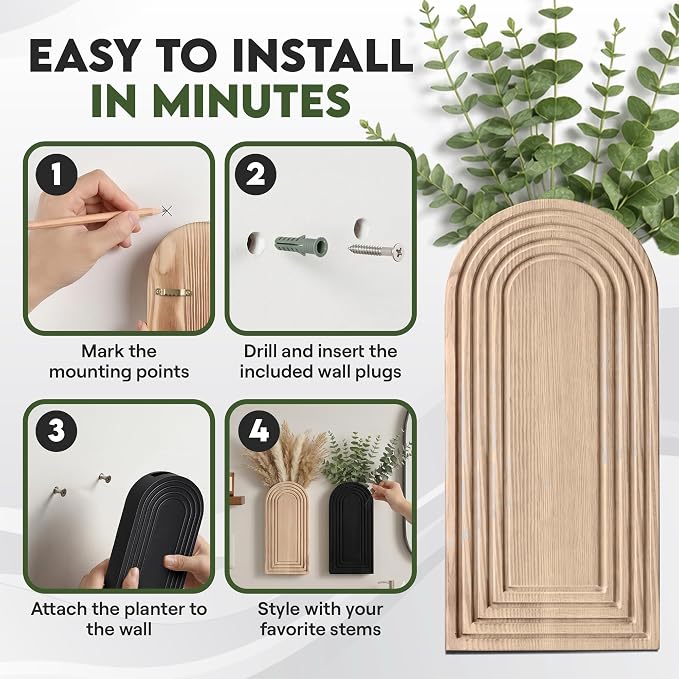 Wooden Wall Planter Vase Set of 2 - Natural Wood Wall Vases for Flowers & Decor - Wall Decor Farmhouse Walls Art for Hallway, Entryway, Bathroom, Living Room Set of 2 - Black Color