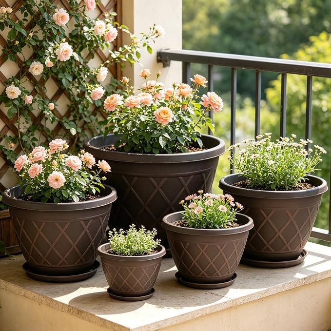 4 Pack 12 Inch Pots for Plants, Decorative Plastic Flower Pots with Drainage Hole & Saucer, Modern Large Planters for Outdoor Indoor Plants, Garden, Balcony, and Home Decor (Brown)