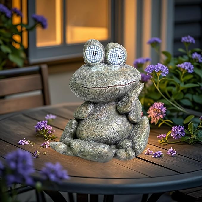 NBQQ Solar Rabbit Statue with Lantern – Cute Resin Bunny Holding Tree, Outdoor Waterproof Garden Decor, Auto On/Off LED Night Light for Patio Yard Lawn Indoor, Unique Housewarming Gift (Frog)