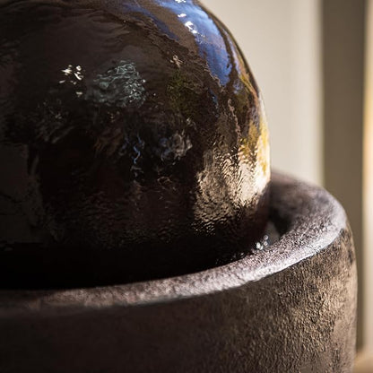 XBrand 25.98" H Brown Round Stone Indoor/Outdoor Modern Sphere Water Fountain with LED Lights – Ball Bubbling Fountain Décor for Garden, Patio, or Tabletop