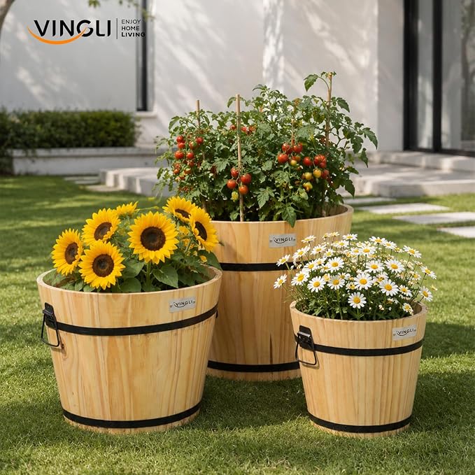 VINGLI 3 PCS Large Wooden Planter Barrel Set, 11.5"(Dia)- 18"(Dia), Real Wood Flower Pot with Drainage Holes, Different Sizes, Large Garden Container Box, Indoor & Outdoor (Honey)