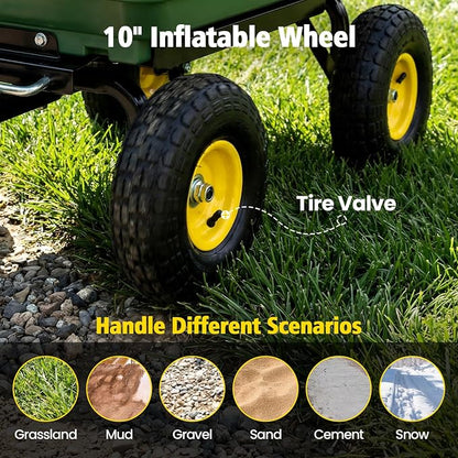 Heavy Duty Garden Dump Cart - 600lbs Load Capacity, 10" All-Terrain Wheels, Quick-Release System, Durable Poly Bed, 180° Rotating Handle, Yard Cart for Landscaping, Farm, and Outdoor Work