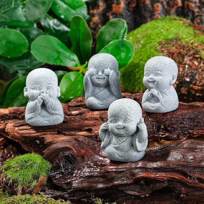 4pcs Mini Laughing Buddha Statues Monk Sandstone Sculptures Cute Baby Buddha Figurine Set Wealth Good Luck Decor Zen Spiritual Ornaments for Home Aquarium Office Garden - Style A
