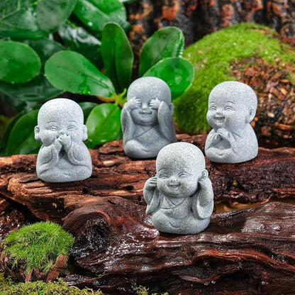 4pcs Mini Laughing Buddha Statues Monk Sandstone Sculptures Cute Baby Buddha Figurine Set Wealth Good Luck Decor Zen Spiritual Ornaments for Home Aquarium Office Garden - Style A