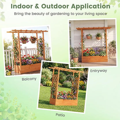 Giantex Wooden Raised Garden Bed with Trellis & Hanging Roof, 2 Pack Fir Wood Planter Box, 45" Freestanding Elevated Garden Bed for Outdoor Climbing Plants Vegetables Flowers, Patio & Balcony, Orange