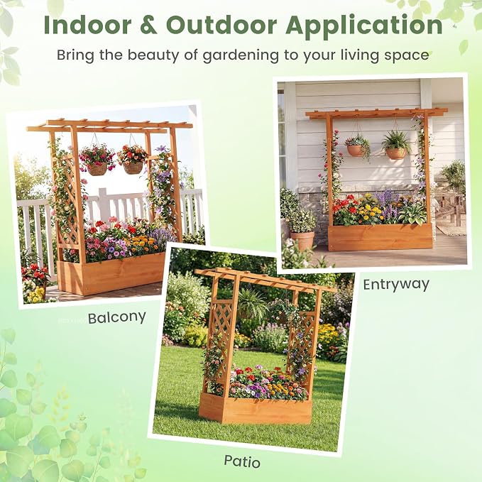 Giantex Wooden Raised Garden Bed with Trellis & Hanging Roof, Fir Wood Planter Box, 45" Freestanding Elevated Garden Bed for Outdoor Climbing Plants Vegetables Flowers, Patio & Balcony, Orange