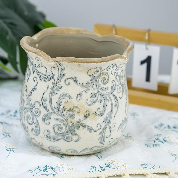 Dosayes Rustic Ceramic Planter, 6 Inch Tuscan Vintage Flower Pot with Drainage, Farmhouse Garden Pot for Indoor Plants, Kitchen & Garden Tuscan Decor, Plant Lover Gift (Grey)