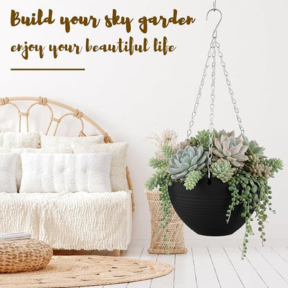 Zopeal 16 Pack Self Watering Hanging Planters 8 Inch Garden Flower Plant Pot Container with Drainer and Chain Round Hanging Pot Plant Basket for Indoor Outdoor Plants (Black)