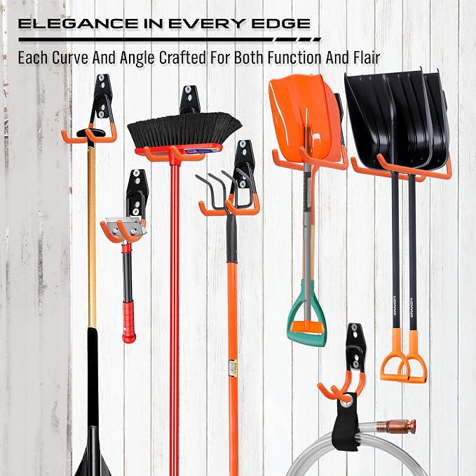 15-Piece Garage Wall Hooks with 3 Extension Straps, Orange Heavy Duty Tool Storage Rack for Ladder, Bike, Shovel, Garden Tools, Metal Wall Mount Organizer Set