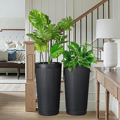 FENCY Self Watering Tall Planters Set of 2, Black Round | 24 Inch, with Water Level Indicator& Spacious Reservoir, Plastic Tapered Pots, Weather-Resistant, Front Door Decor